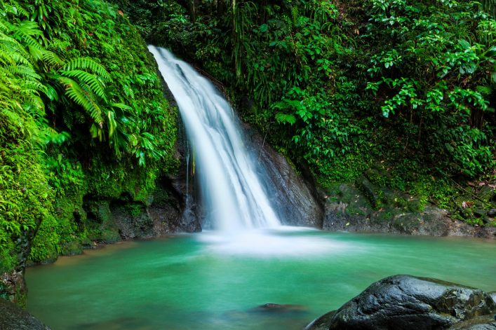 Ein sanfter Wasserfall fließt über glatte Felsen in einen smaragdgrünen Pool, umgeben von dichten, grünen Pflanzen und Farnen, die das tropische und ruhige Ambiente betonen.