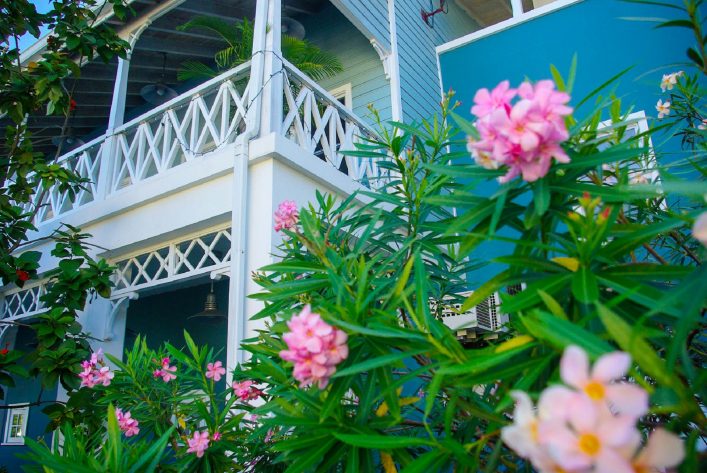 Ein tropischer Garten mit rosafarbenen Blumen im Vordergrund, direkt vor einem blauen Haus mit weißem, gitterförmigem Balkon. Im Hintergrund sind grüne Pflanzen und das gestaltete Holz der Architektur sichtbar.