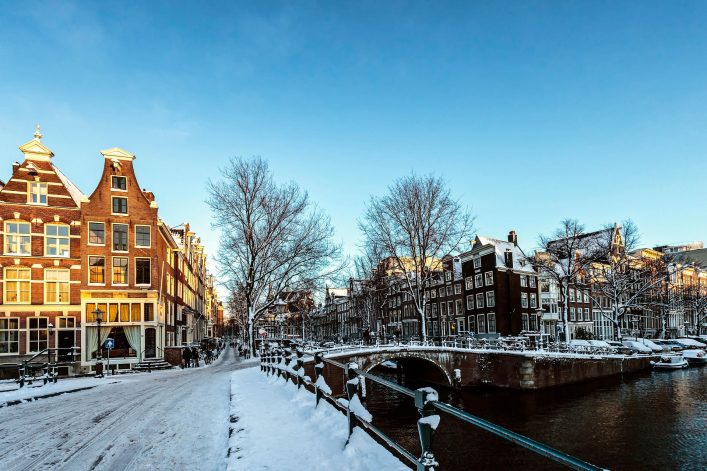 Winter in Amsterdam; the streets are covered with snow