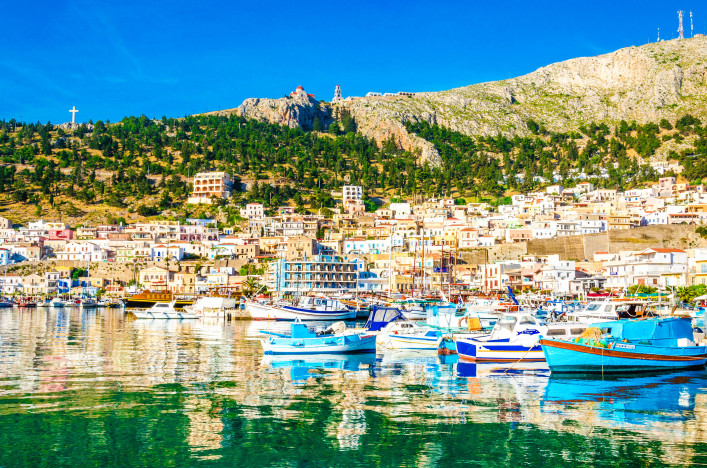 Colorful boats in small port on Greek Island, Greece
