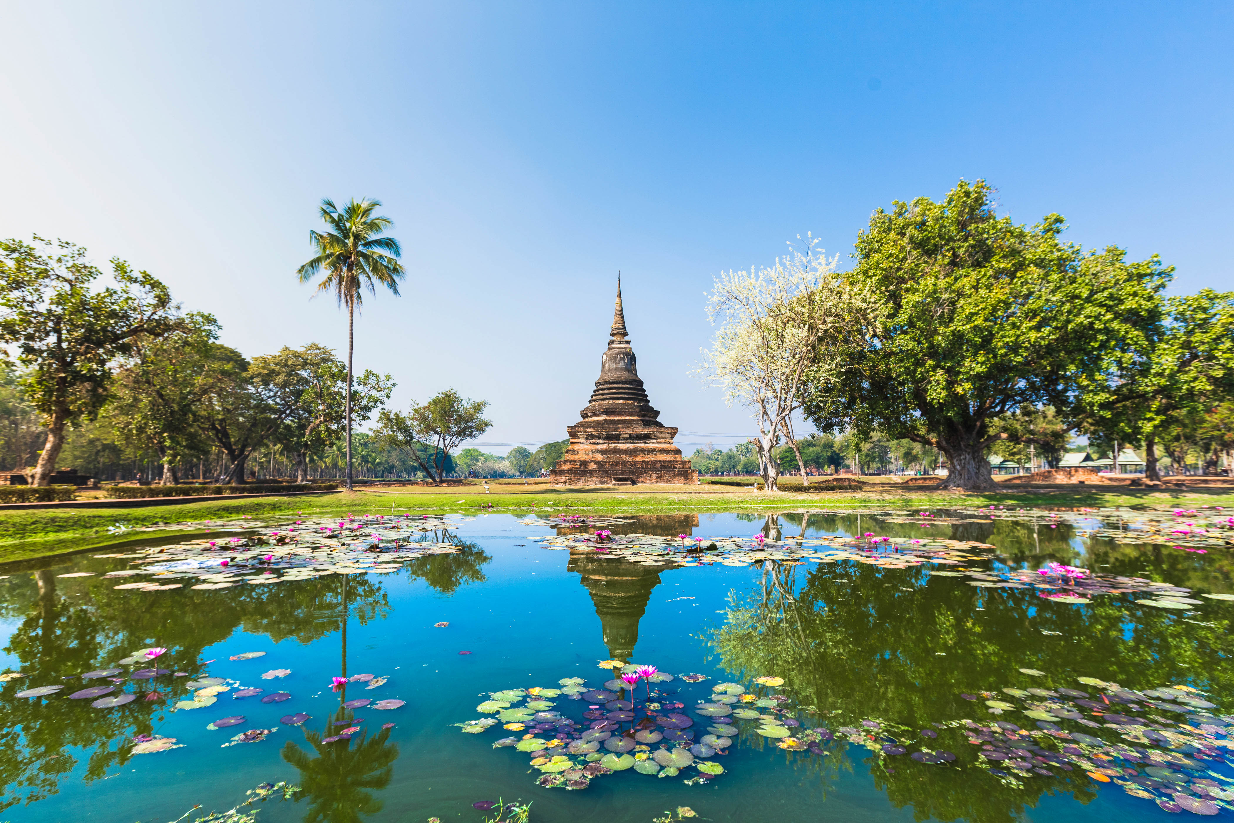 Sukhothai temple lake panorama