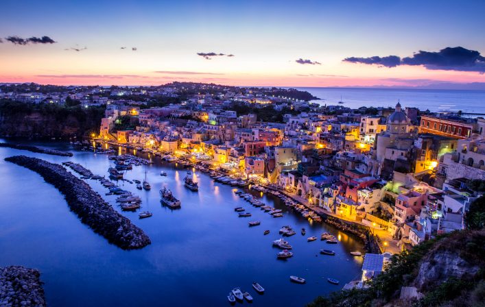 Corricella village on Procida island at night, Italy
