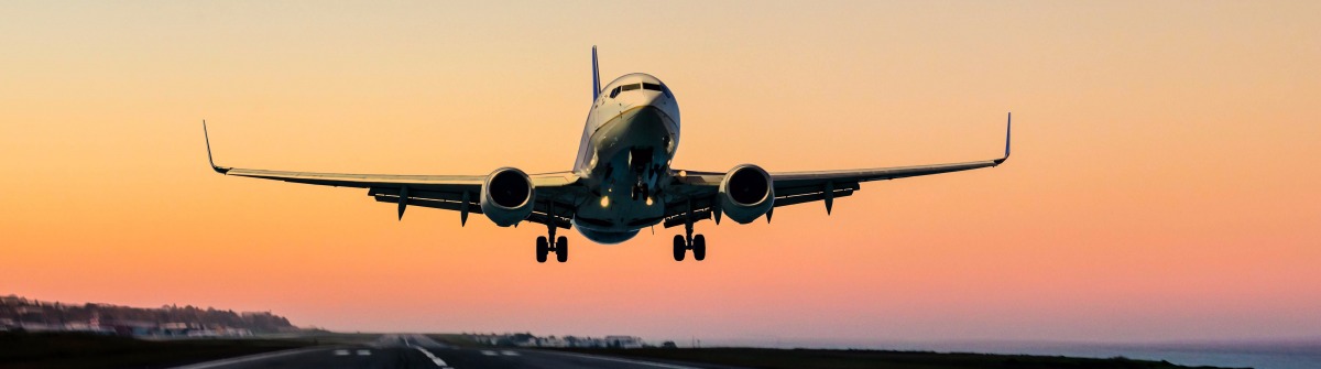 Passenger airplane landing at sunset
