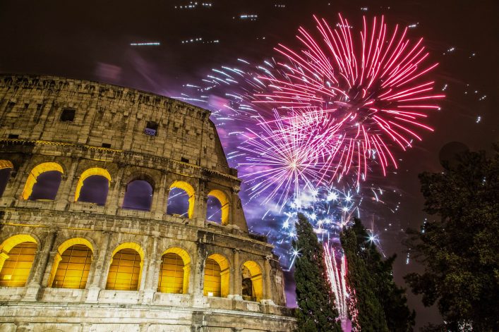 New Year’s fireworks in the sky by the Colosseum in Rome