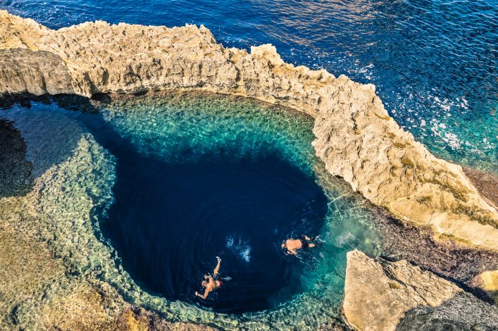 Blue hole at Azure Window in Gozo Malta