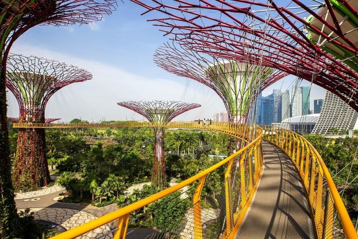 Futuristische, baumartige Strukturen mit Pflanzen bewachsen, verbunden durch schmale, erhöhte Gehwege. Im Hintergrund sind moderne Hochhäuser und eine Glasfassade sichtbar. Unten ist dichter grüner Wald.