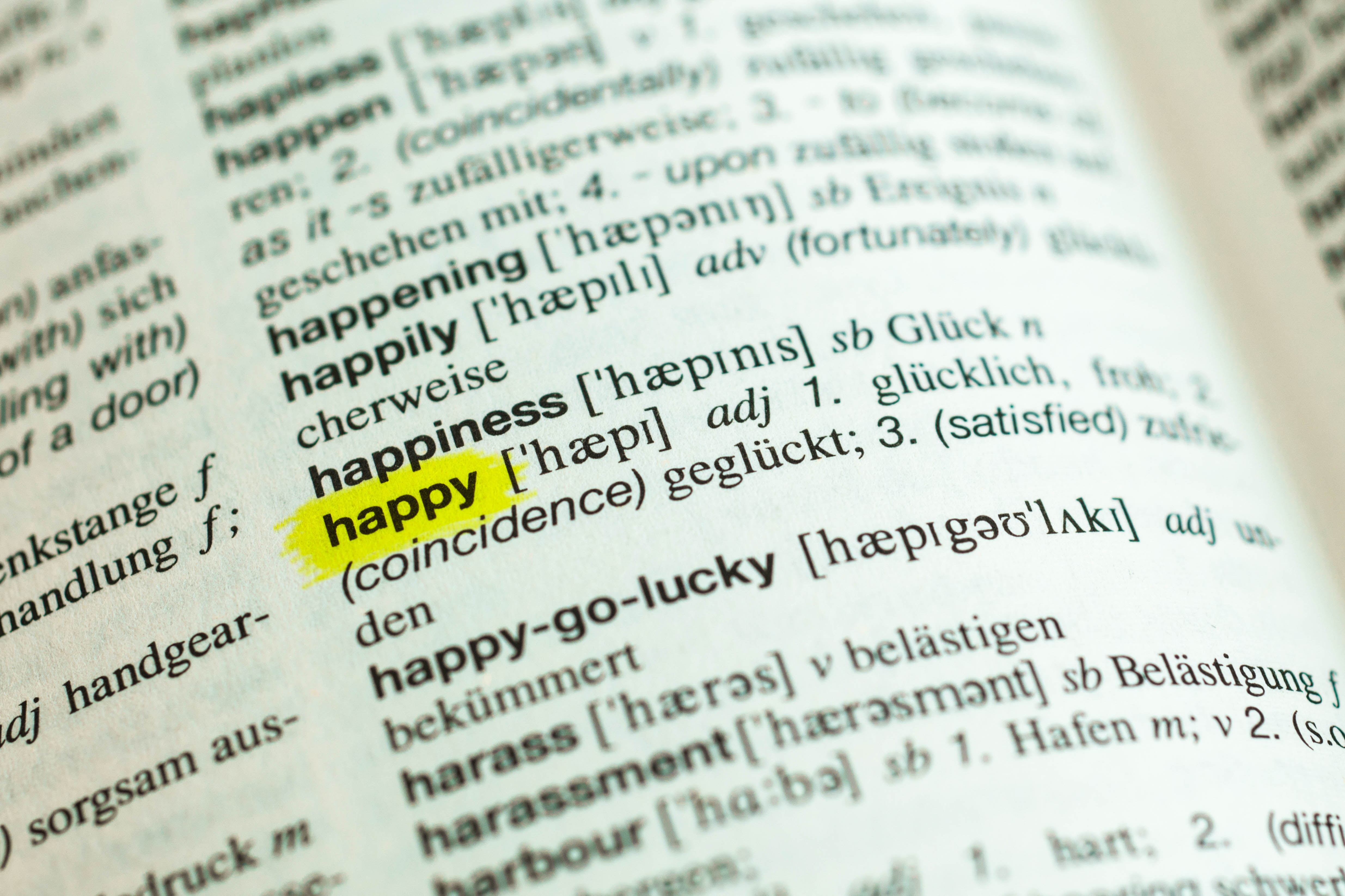 Detail of English word "happy" and its german translation from dictionary, World Happiness Report Glücksbericht Glücklichsein 