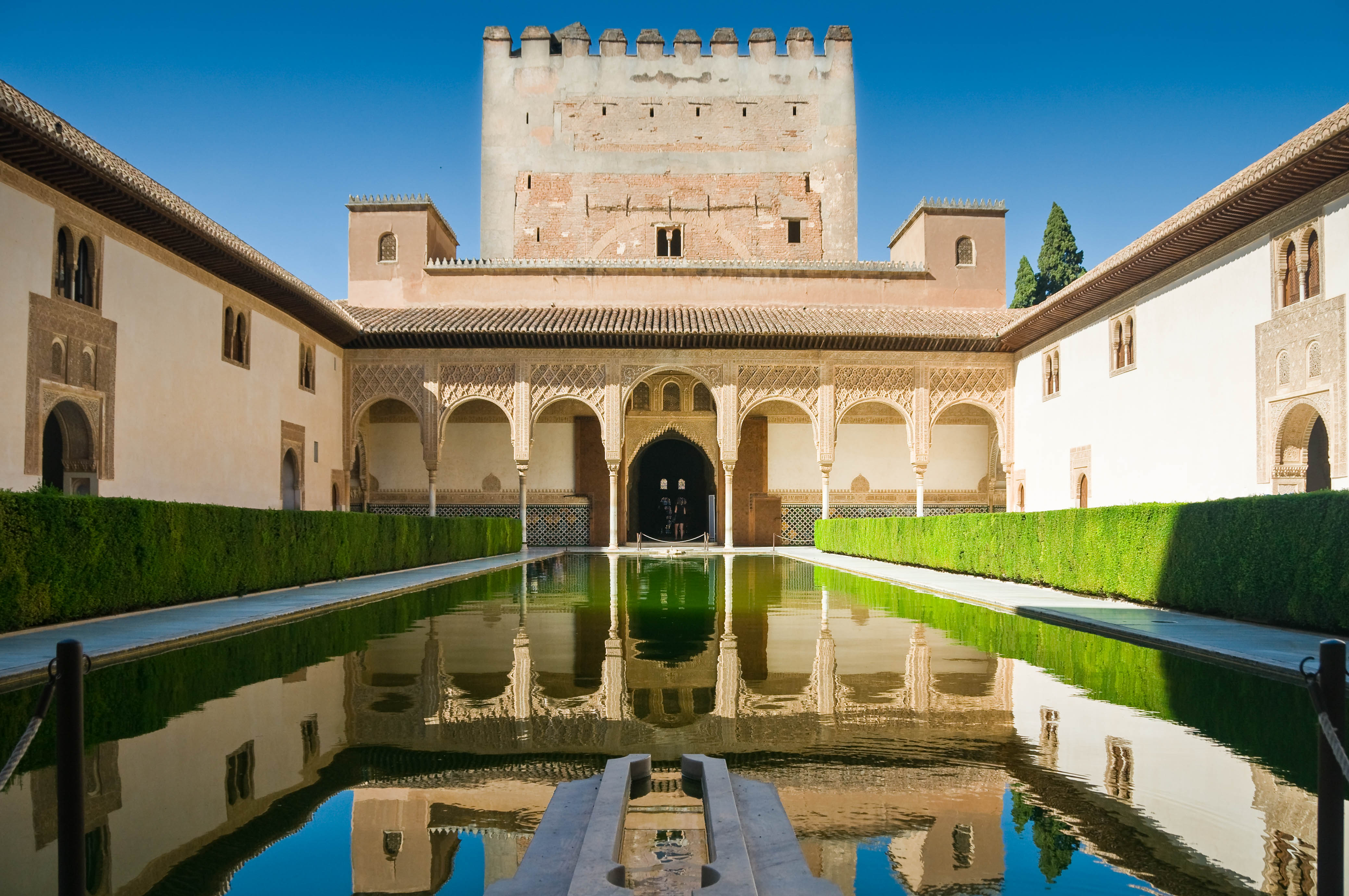 Palacios Nazaries, a part of the Alhambra in Granada, Spain. Reflection in water.