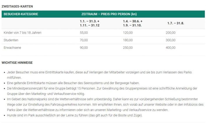 Plitvicer Seen Preise