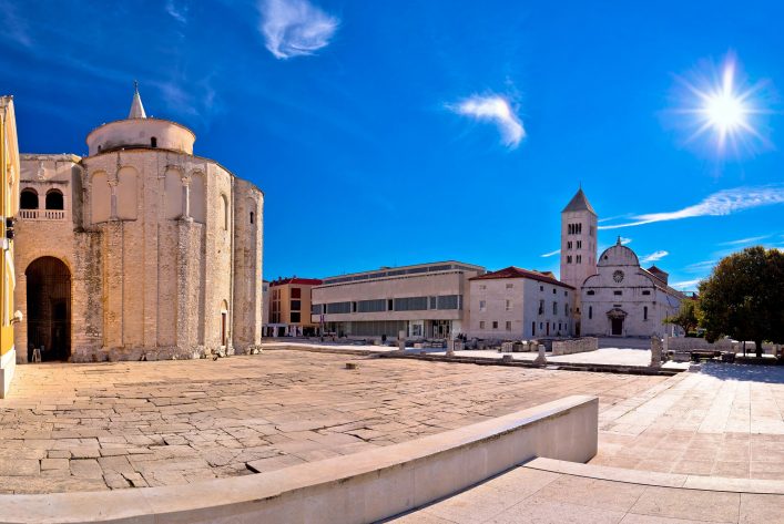 Zadar historic square panoramic view, Dalmatia, Croatia
