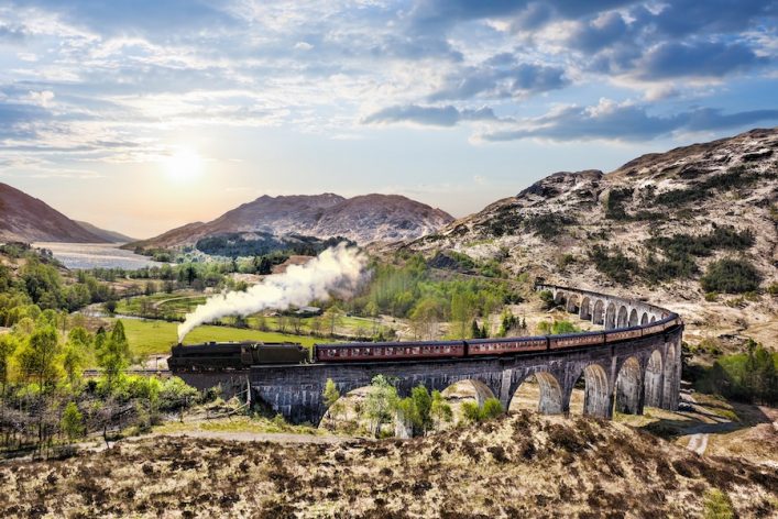 Glenfinnan-Railway-Viaduct-in-Schotland-met-de-Jacobite-stoomtrein-tegen-zonsondergang-over-lake-shutterstock_422357125
