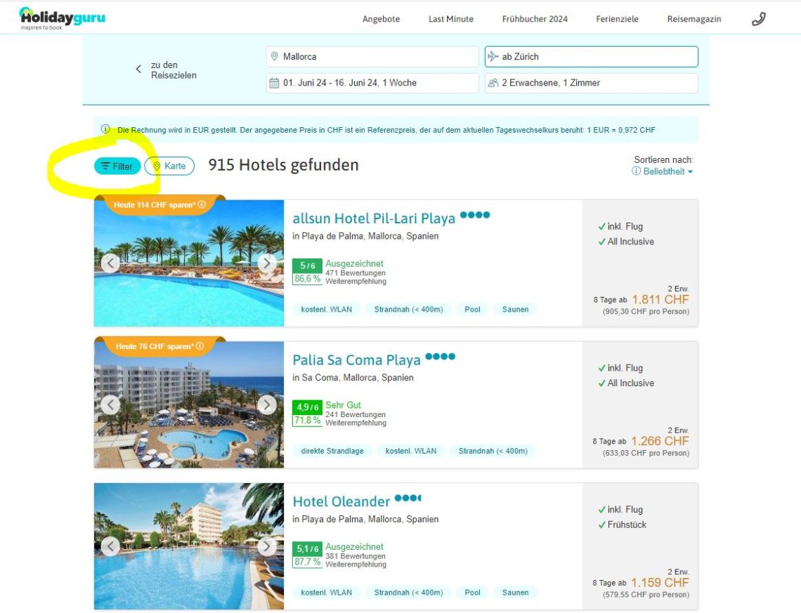 Webseite von Holidayguru.ch mit Hotelangeboten auf Mallorca. Oben Suchfelder, unten Hotelliste mit Bildern, Bewertungen und Preisen. Filterfunktion hervorgehoben.