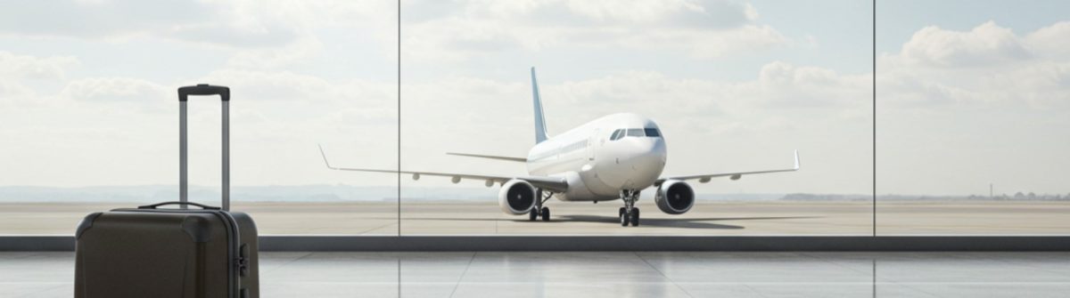 Ein Koffer steht links vor einer großen Glasfront eines Flughafens. Dahinter rollt zentral ein Flugzeug auf der Startbahn, umgeben von blauem Himmel und einigen Wolken.